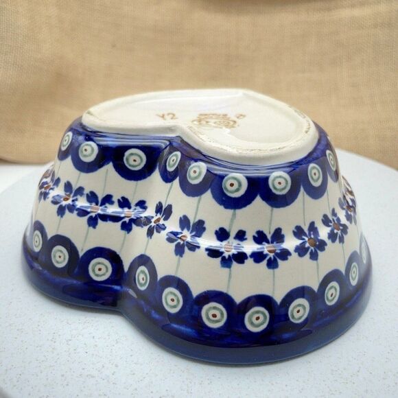 Boleslawiec Pottery Heart Shaped Bowl 6" Peacock Eye Flowers Dish Made in Poland - Picture 11 of 15